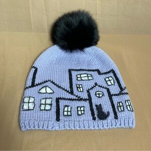 Handmade knit wool hat with houses and real fox detachable pompom